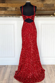Red Sequins Sheath Spaghetti Straps Formal Dress with Split Front