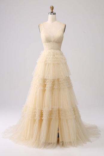Navy A Line Tulle Tiered Spaghetti Straps Long Formal Dress