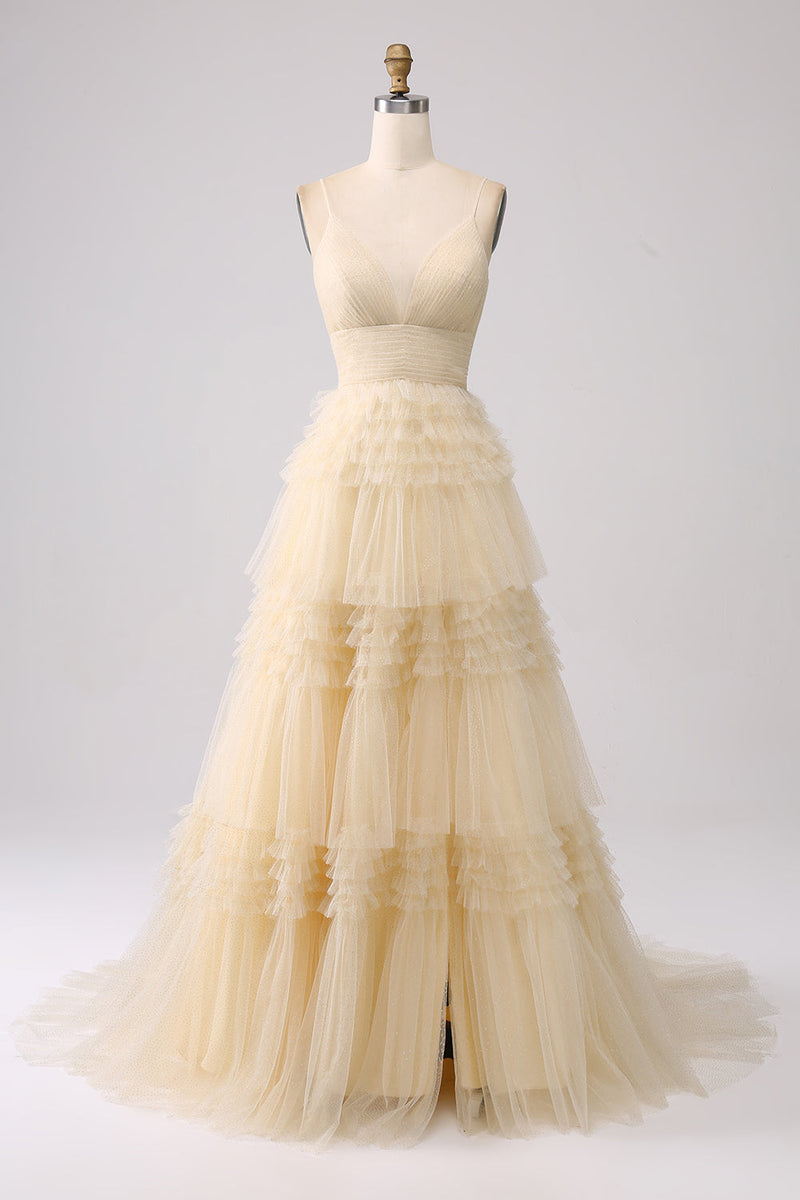 Load image into Gallery viewer, Navy A Line Tulle Tiered Spaghetti Straps Long Formal Dress