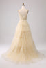 Load image into Gallery viewer, Navy A Line Tulle Tiered Spaghetti Straps Long Formal Dress