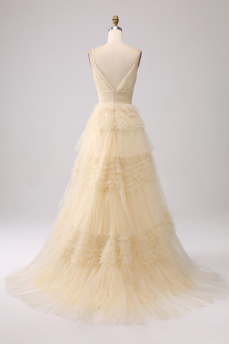 Load image into Gallery viewer, Navy A Line Tulle Tiered Spaghetti Straps Long Formal Dress