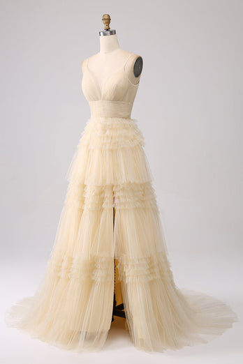 Navy A Line Tulle Tiered Spaghetti Straps Long Formal Dress