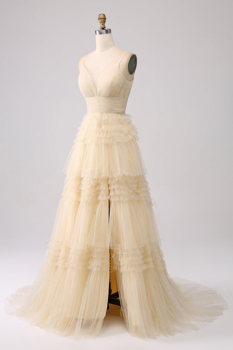Load image into Gallery viewer, Navy A Line Tulle Tiered Spaghetti Straps Long Formal Dress