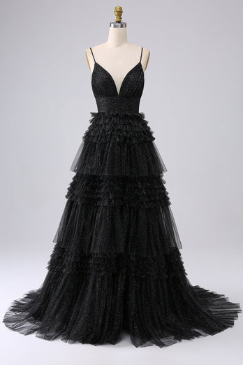 Navy A Line Tulle Tiered Spaghetti Straps Long Formal Dress