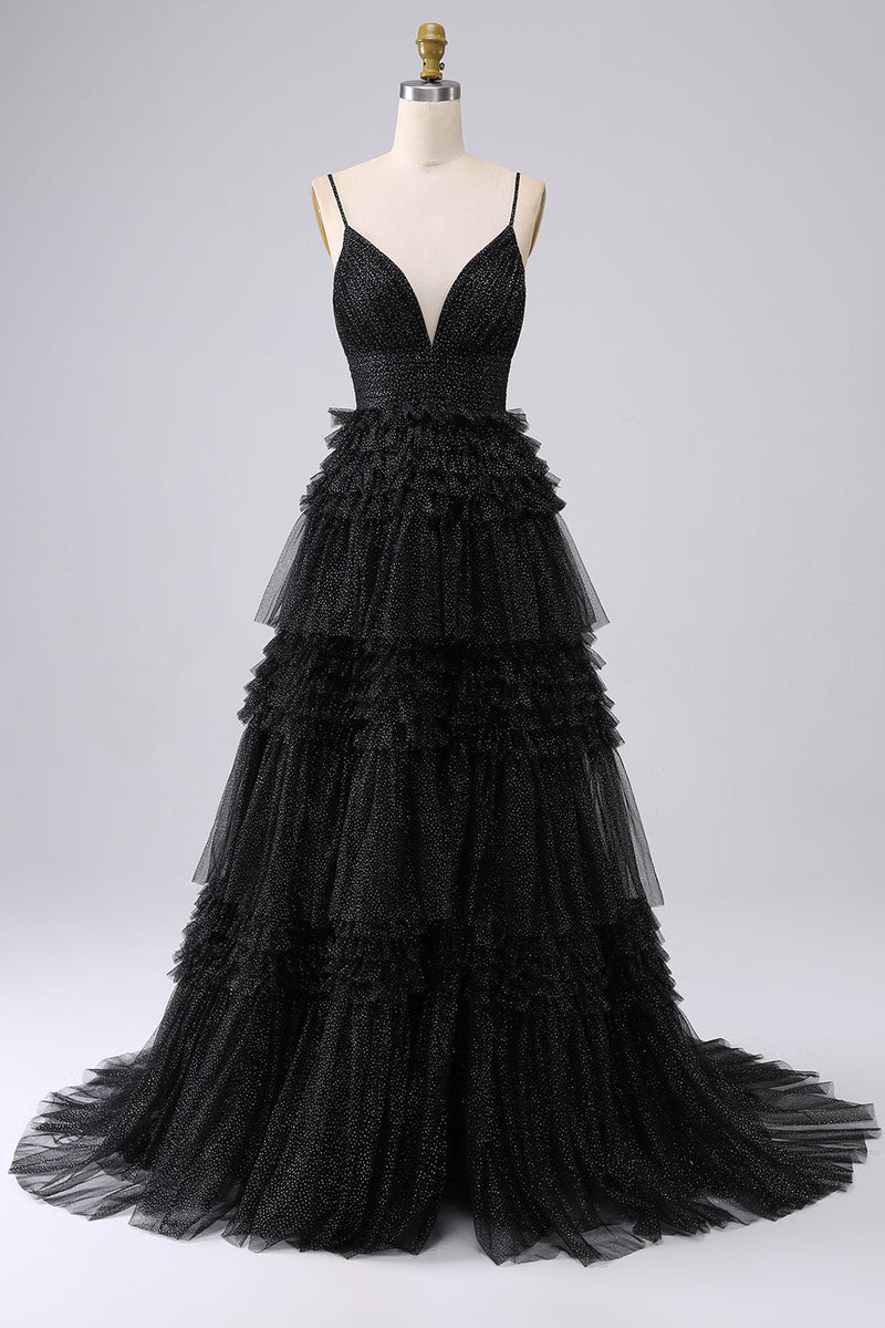 Load image into Gallery viewer, Navy A Line Tulle Tiered Spaghetti Straps Long Formal Dress