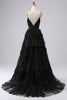 Load image into Gallery viewer, Navy A Line Tulle Tiered Spaghetti Straps Long Formal Dress