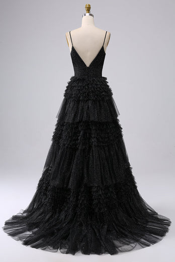 Navy A Line Tulle Tiered Spaghetti Straps Long Formal Dress