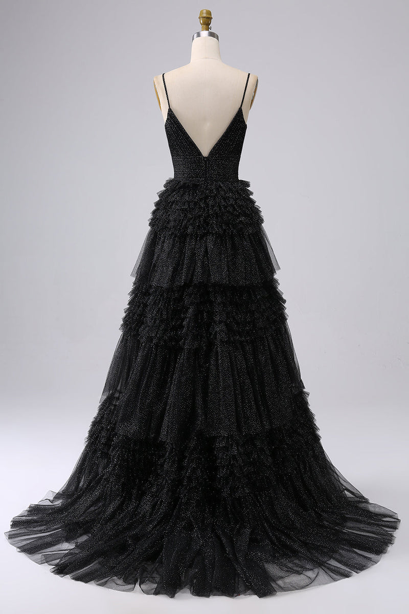 Load image into Gallery viewer, Navy A Line Tulle Tiered Spaghetti Straps Long Formal Dress