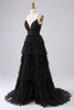 Load image into Gallery viewer, Navy A Line Tulle Tiered Spaghetti Straps Long Formal Dress