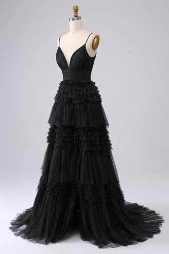 Navy A Line Tulle Tiered Spaghetti Straps Long Formal Dress