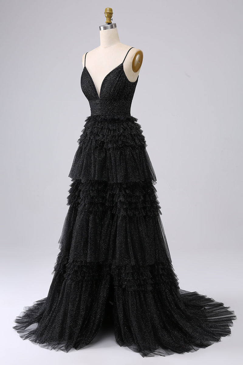Load image into Gallery viewer, Navy A Line Tulle Tiered Spaghetti Straps Long Formal Dress