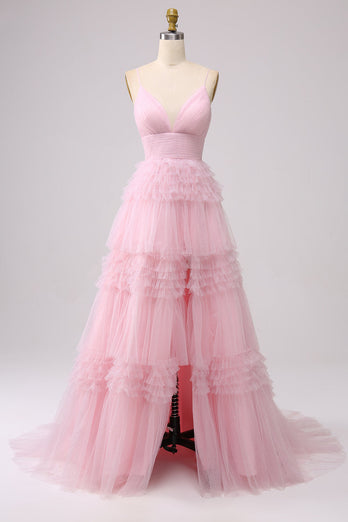 Navy A Line Tulle Tiered Spaghetti Straps Long Formal Dress