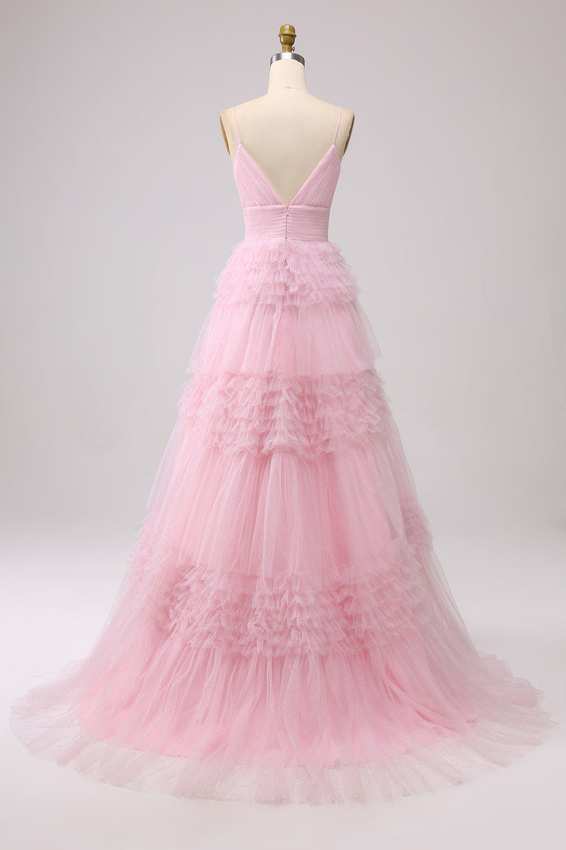 Load image into Gallery viewer, Navy A Line Tulle Tiered Spaghetti Straps Long Formal Dress
