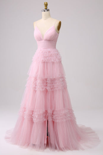 Navy A Line Tulle Tiered Spaghetti Straps Long Formal Dress