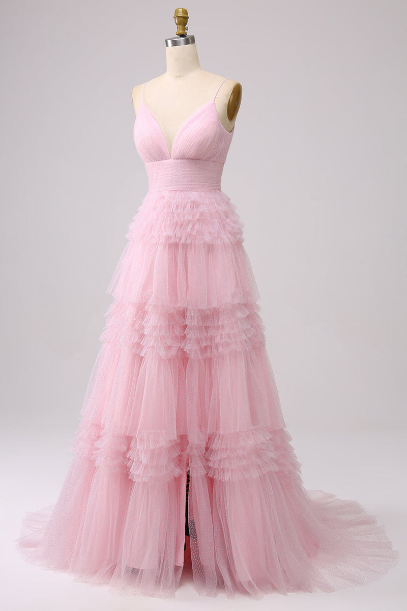 Load image into Gallery viewer, Navy A Line Tulle Tiered Spaghetti Straps Long Formal Dress