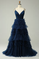 Load image into Gallery viewer, Navy A Line Tulle Tiered Spaghetti Straps Long Formal Dress