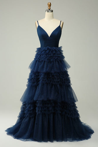 Navy A Line Tulle Tiered Spaghetti Straps Long Formal Dress