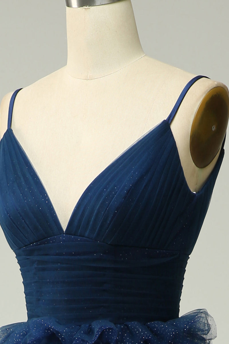 Load image into Gallery viewer, Navy A Line Tulle Tiered Spaghetti Straps Long Formal Dress