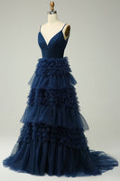 Load image into Gallery viewer, Navy A Line Tulle Tiered Spaghetti Straps Long Formal Dress