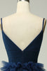Load image into Gallery viewer, Navy A Line Tulle Tiered Spaghetti Straps Long Formal Dress