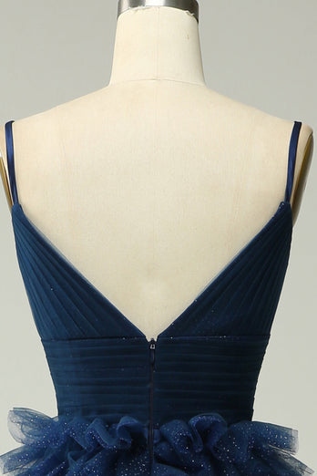 Navy A Line Tulle Tiered Spaghetti Straps Long Formal Dress