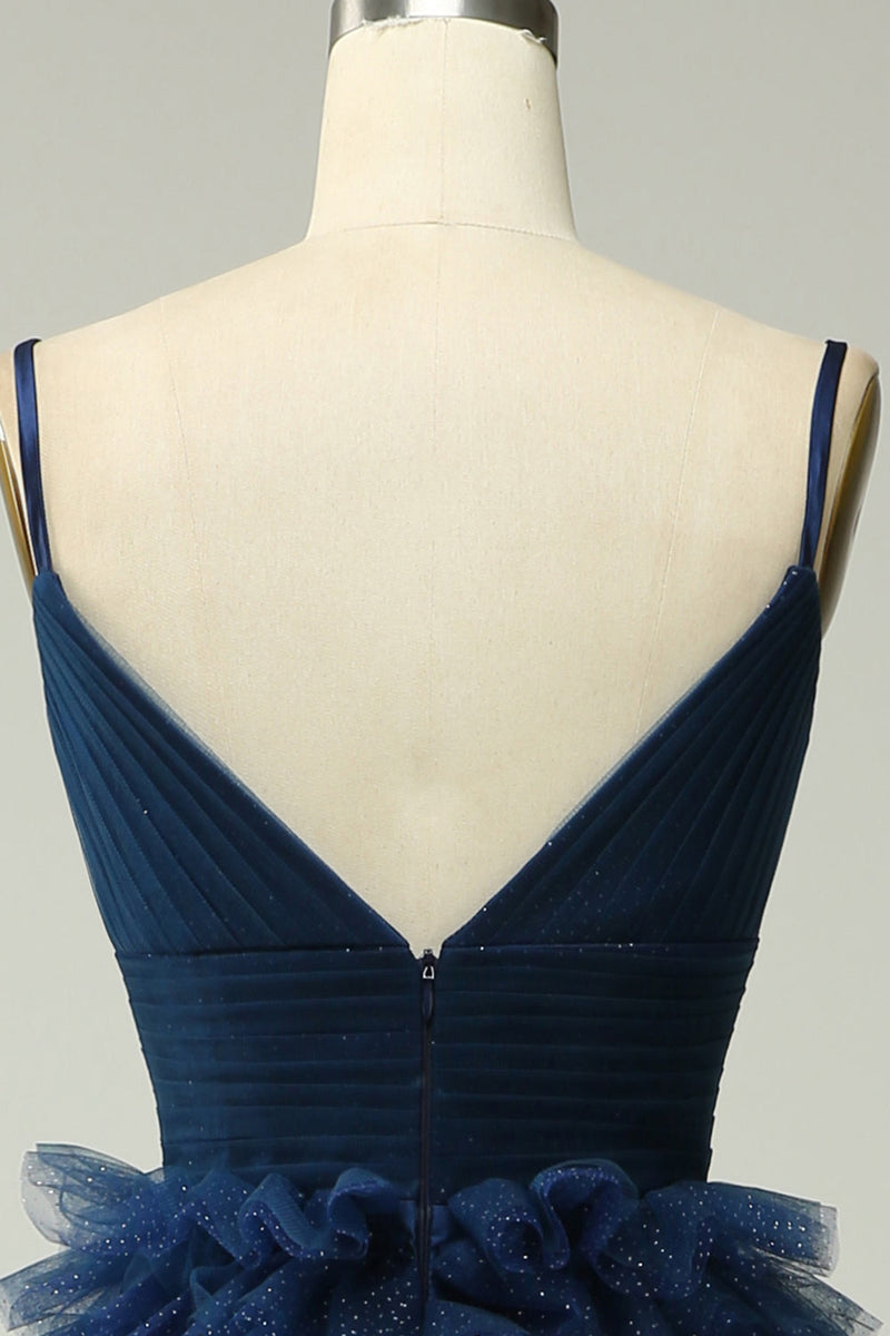 Load image into Gallery viewer, Navy A Line Tulle Tiered Spaghetti Straps Long Formal Dress