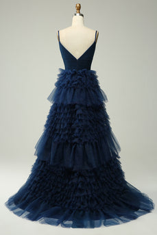 Navy A Line Tulle Tiered Spaghetti Straps Long Formal Dress