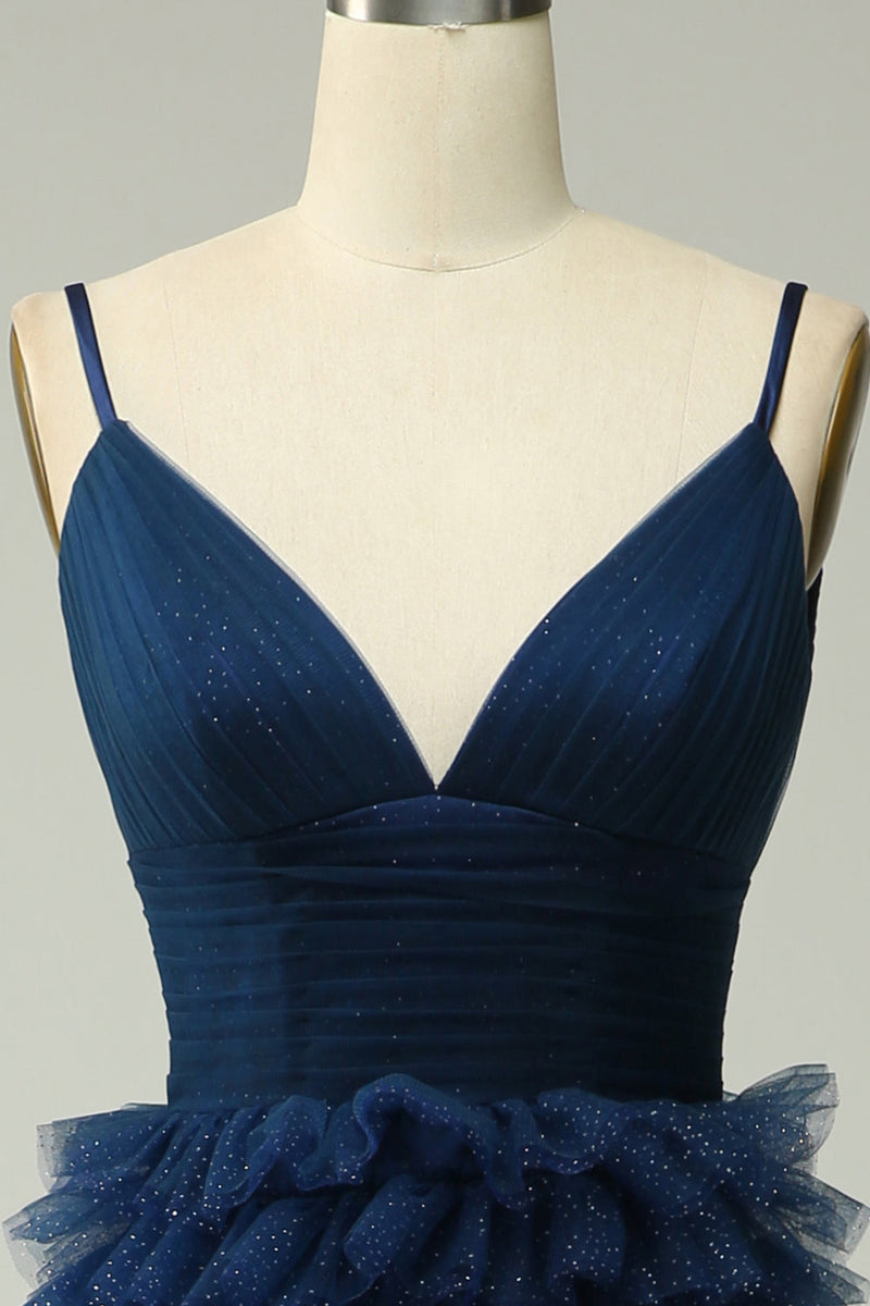 Load image into Gallery viewer, Navy A Line Tulle Tiered Spaghetti Straps Long Formal Dress