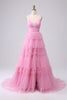 Load image into Gallery viewer, Navy A Line Tulle Tiered Spaghetti Straps Long Formal Dress