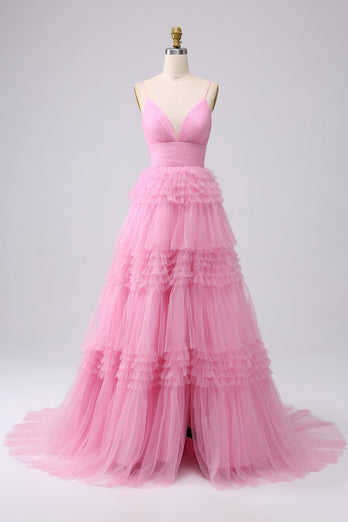 Navy A Line Tulle Tiered Spaghetti Straps Long Formal Dress