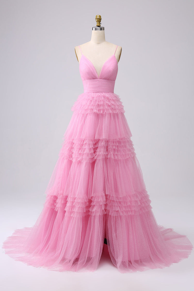 Load image into Gallery viewer, Navy A Line Tulle Tiered Spaghetti Straps Long Formal Dress