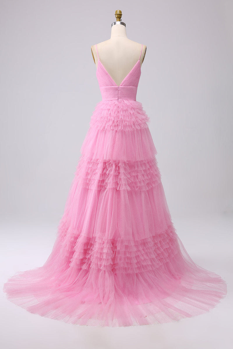 Load image into Gallery viewer, Navy A Line Tulle Tiered Spaghetti Straps Long Formal Dress
