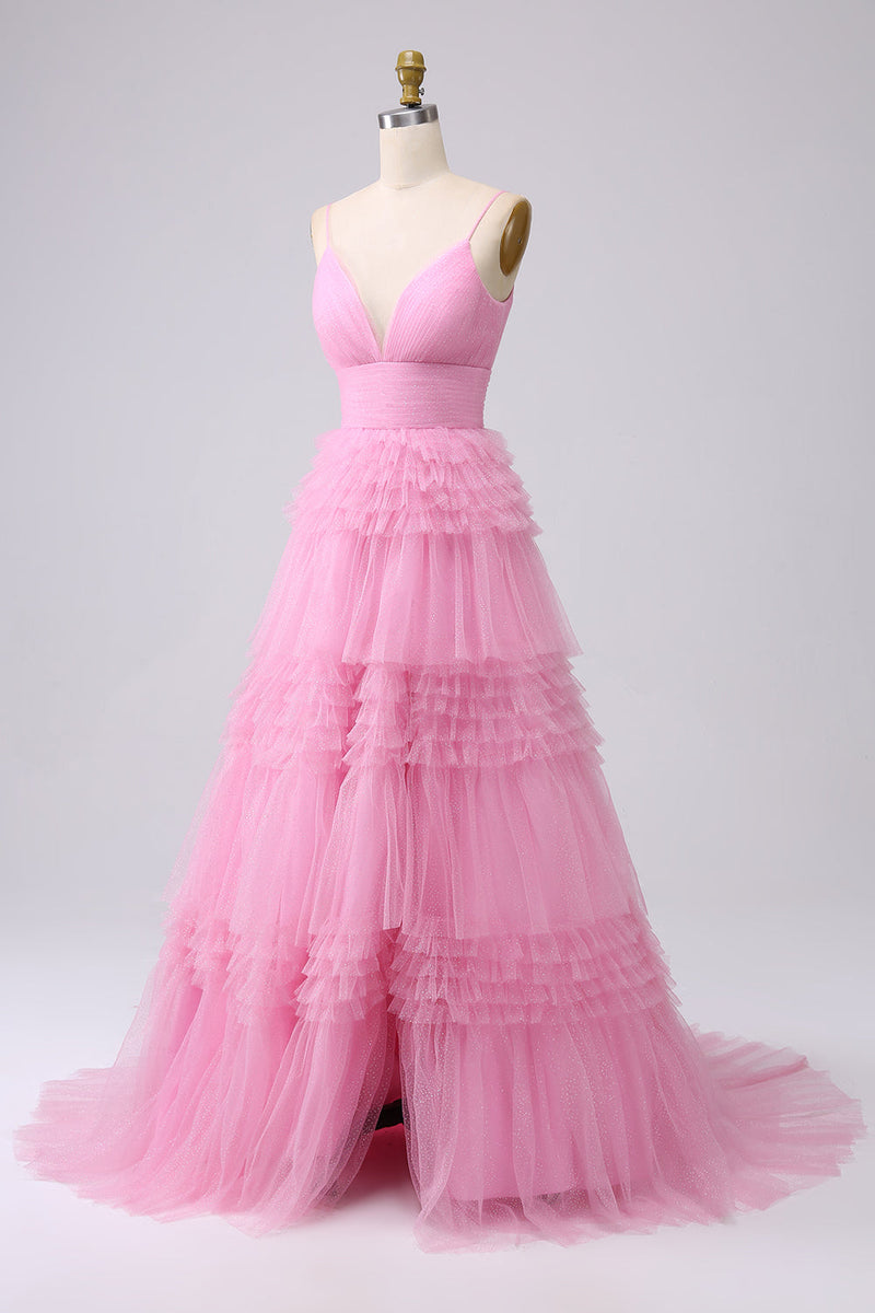 Load image into Gallery viewer, Navy A Line Tulle Tiered Spaghetti Straps Long Formal Dress
