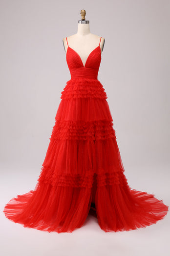 Navy A Line Tulle Tiered Spaghetti Straps Long Formal Dress