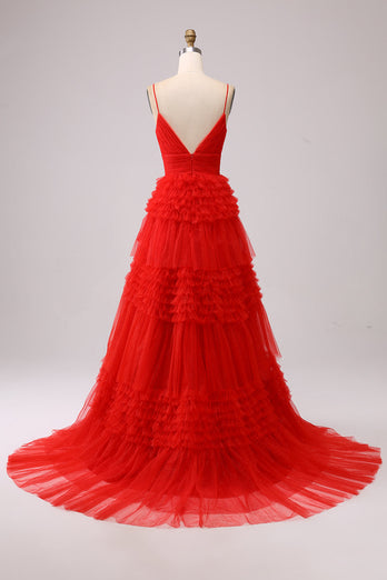 Navy A Line Tulle Tiered Spaghetti Straps Long Formal Dress