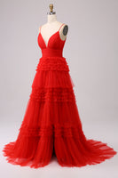 Load image into Gallery viewer, Navy A Line Tulle Tiered Spaghetti Straps Long Formal Dress