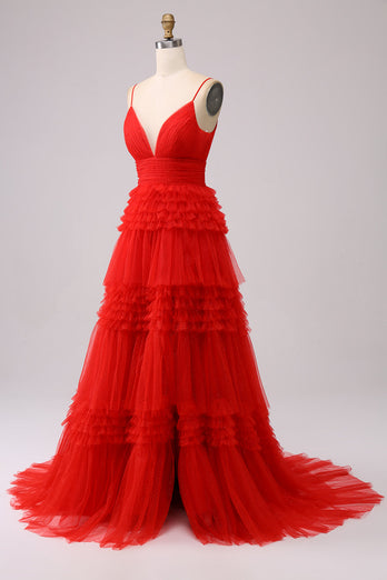 Navy A Line Tulle Tiered Spaghetti Straps Long Formal Dress
