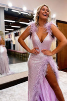 Load image into Gallery viewer, Sheath Deep V Neck Light Pink Sequins Long Formal Dress with Feathers