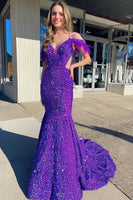 Load image into Gallery viewer, Mermaid Off the Shoulder Purple Sequins Cut Out Formal Dress with Feathers