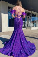 Load image into Gallery viewer, Mermaid Off the Shoulder Purple Sequins Cut Out Formal Dress with Feathers