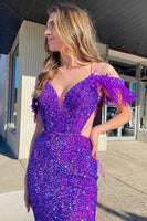 Load image into Gallery viewer, Mermaid Off the Shoulder Purple Sequins Cut Out Formal Dress with Feathers