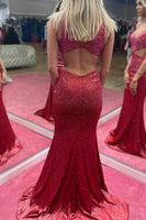 Load image into Gallery viewer, Mermaid Deep V Neck Burgundy Cut Out Long Formal Dress with Beading