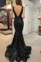 Load image into Gallery viewer, Mermaid Deep V Neck Black Sequins Long Formal Dress with Open Back