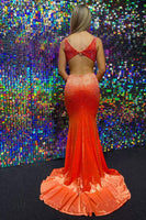 Load image into Gallery viewer, Mermaid Deep V Neck Orange Long Formal Dress with Beading