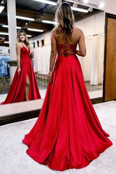 Red Satin A-Line Appliques Formal Dress with Slit