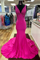 Load image into Gallery viewer, Sparkly Green Beaded Mermaid V-Neck Backless Long Formal Dress