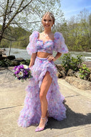 Load image into Gallery viewer, Puff Sleeves Printed Blush Long Formal Dress with Slit