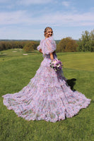 Load image into Gallery viewer, Puff Sleeves Printed Blush Long Formal Dress with Slit