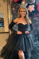 Load image into Gallery viewer, Purple High Low Detachable Sleeves Corset Formal Dress with Lace