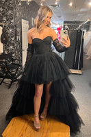 Load image into Gallery viewer, Purple High Low Detachable Sleeves Corset Formal Dress with Lace